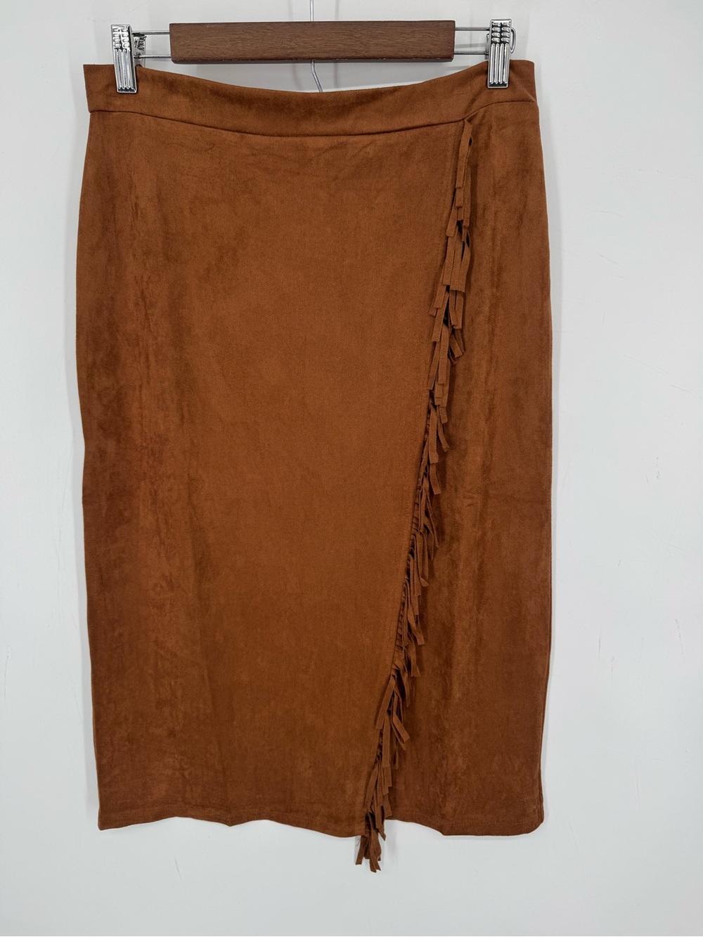 L Love Suede Brown Wrap Fringe Midi Skirt Fall Western Festival Size Large NWT